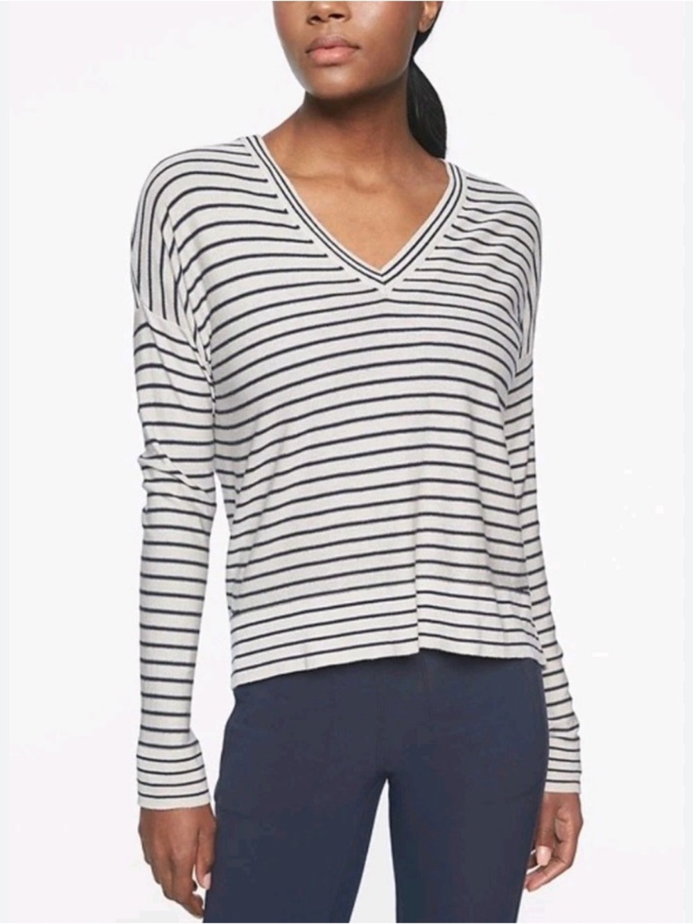 Athleta Silk Blend Striped V-Neck Top Gray Navy Size XS